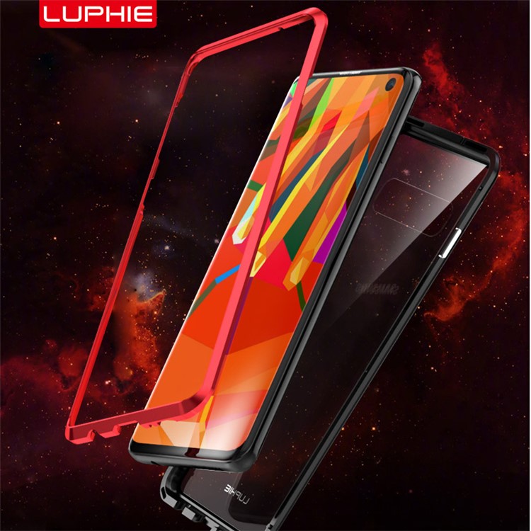 LUPHIE for Samsung Galaxy S10 Detachable Magnetic Metal Frame + Tempered Glass Back Phone Case - Black / Red-3