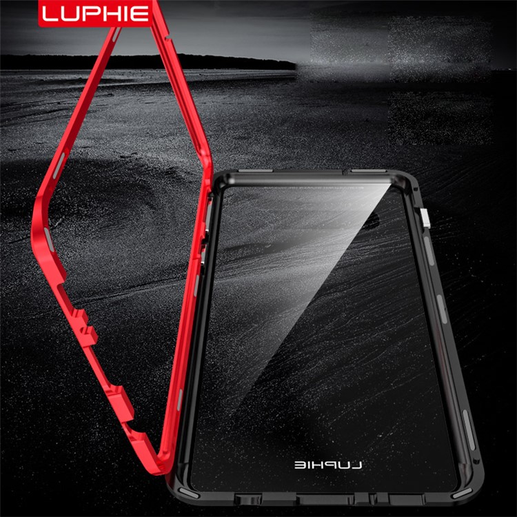 LUPHIE for Samsung Galaxy S10 Detachable Magnetic Metal Frame + Tempered Glass Back Phone Case - Black / Red-4