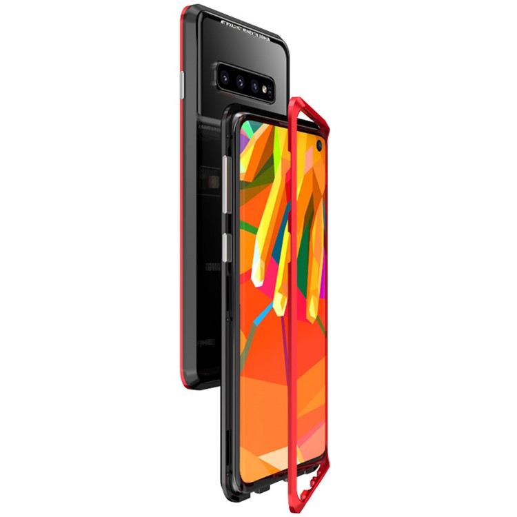 LUPHIE for Samsung Galaxy S10 Detachable Magnetic Metal Frame + Tempered Glass Back Phone Case - Black / Red-6