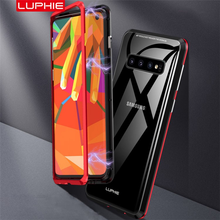 LUPHIE for Samsung Galaxy S10 Plus Magnetic Attraction Metal Frame + Tempered Glass Back Phone Casing - Black / Red-2