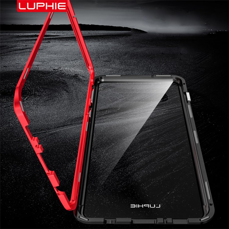 LUPHIE for Samsung Galaxy S10 Plus Magnetic Attraction Metal Frame + Tempered Glass Back Phone Casing - Black / Red-4