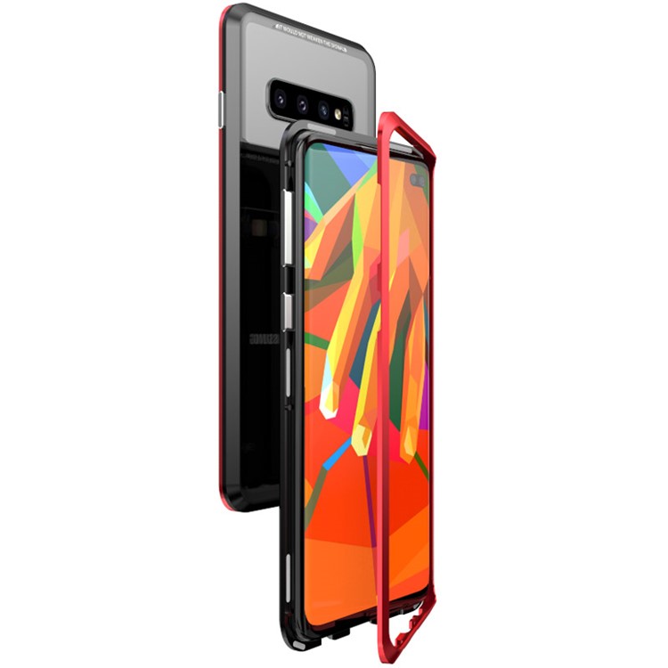 LUPHIE for Samsung Galaxy S10 Plus Magnetic Attraction Metal Frame + Tempered Glass Back Phone Casing - Black / Red-5