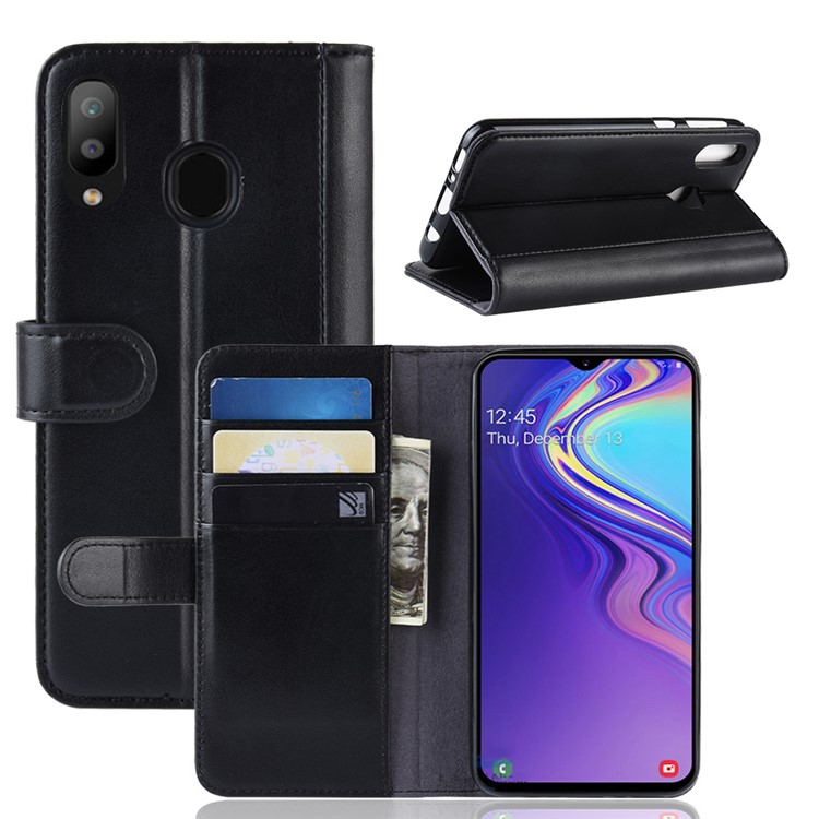 

Genuine Split Leather Wallet Stand Phone Cover for Samsung Galaxy M20 - Black, Galaxy M20
