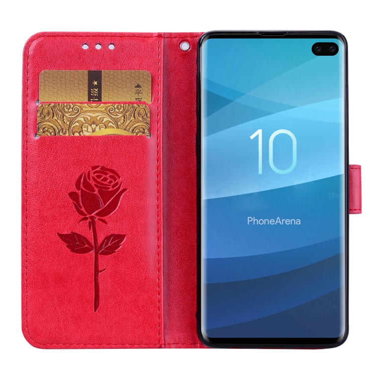 Imprinted Rose Flower Pattern Leather Wallet Cover for Samsung Galaxy S10 Plus - Red-6