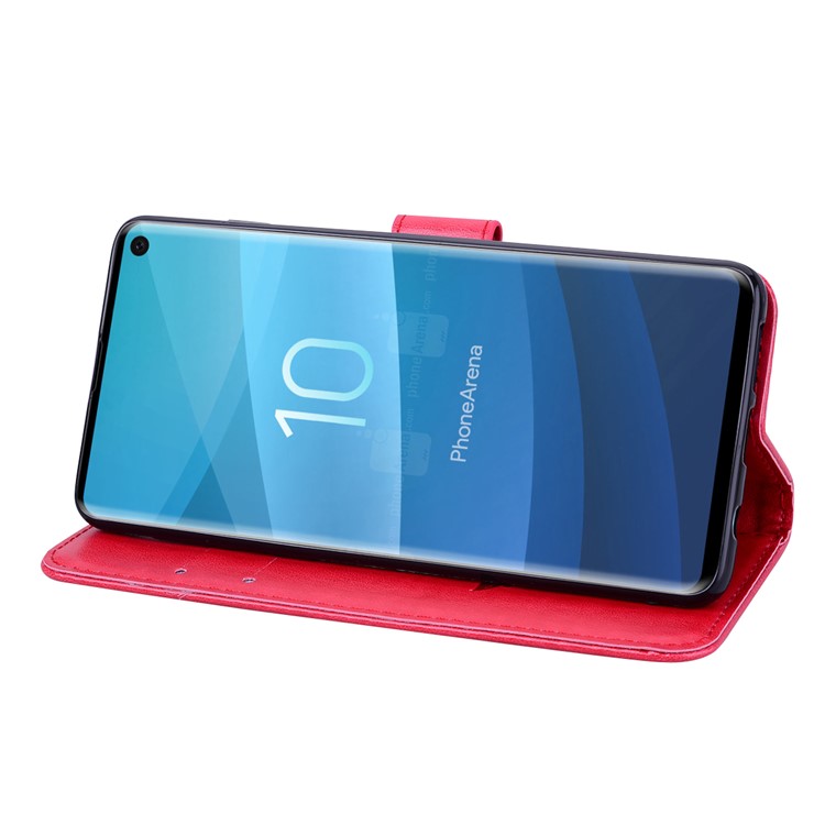 Imprinted Rose Stand Leather Wallet Case Shell for Samsung Galaxy S10 - Red-5