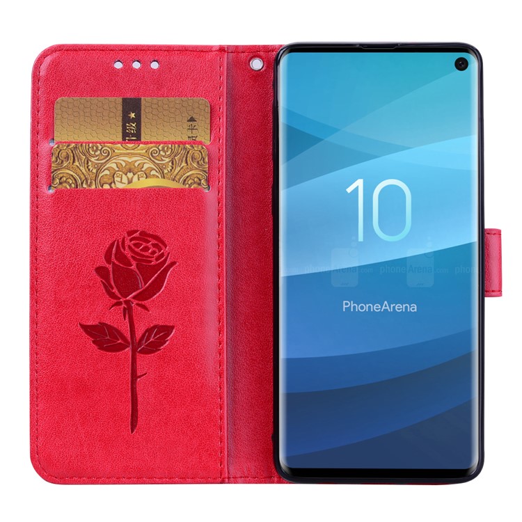 Imprinted Rose Stand Leather Wallet Case Shell for Samsung Galaxy S10 - Red-6