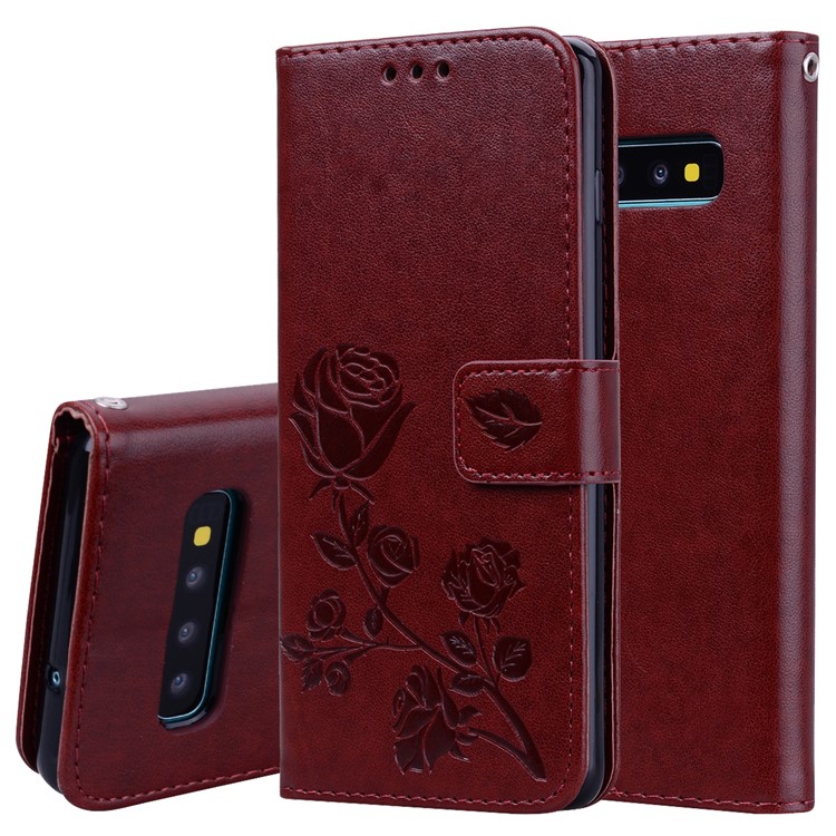 

Imprinted Rose Stand Leather Wallet Case Shell for Samsung Galaxy S10 - Brown, Galaxy S10