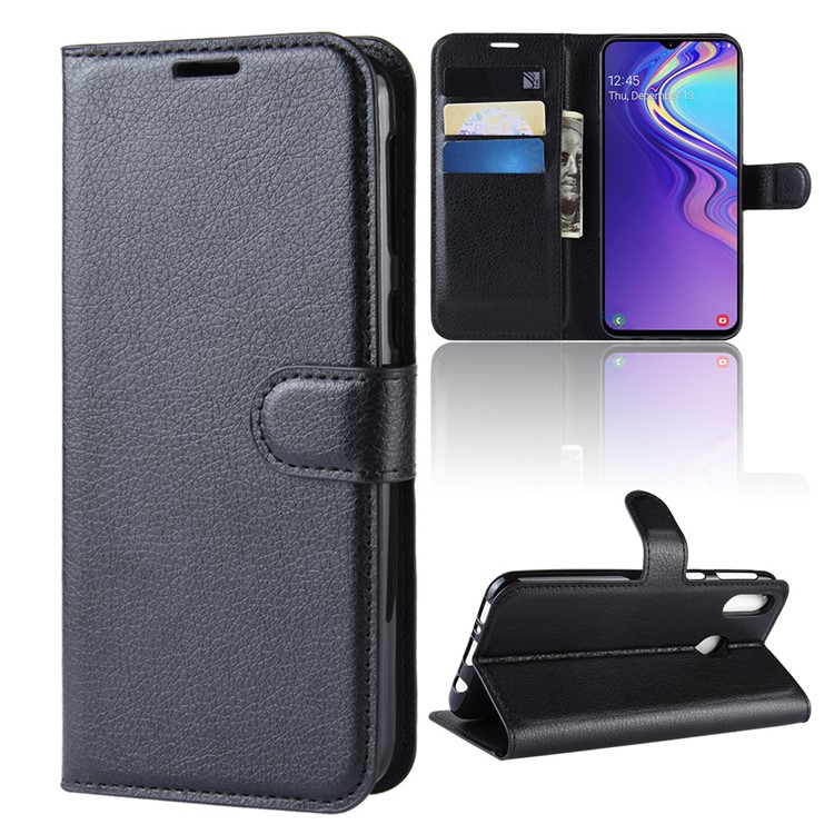 Litchi Skin Wallet Leather Stand Caso Para Samsung Galaxy M20 - Preto