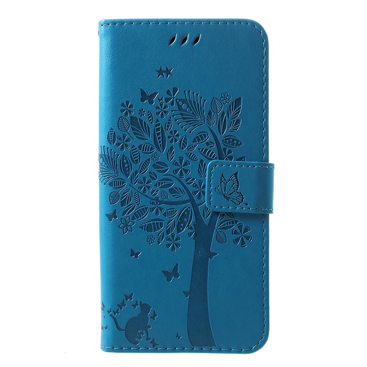 

For Samsung Galaxy M10/A10 [Imprint Cat and Tree] Wallet Leather Cover with Strap - Blue, Galaxy M10