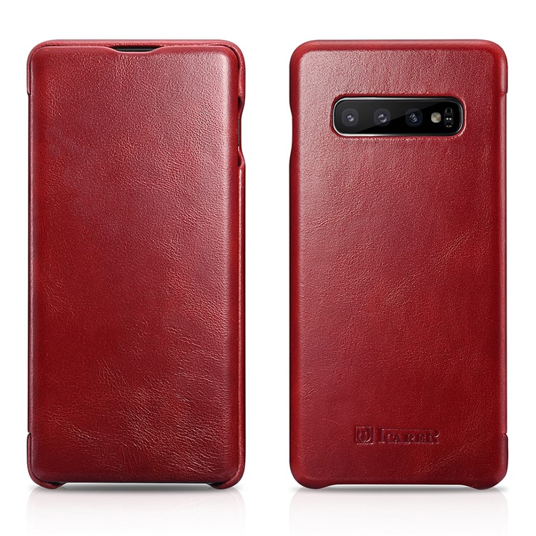ICARER Curved Edge Vintage Genuine Leather Case Cover for Samsung Galaxy S10 - Red-1