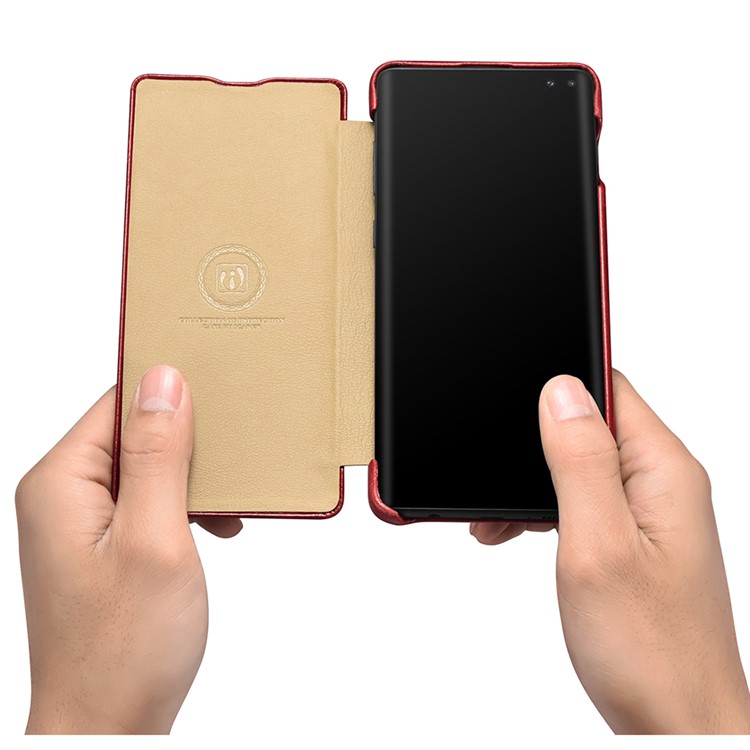 ICARER Curved Edge Vintage Genuine Leather Case Cover for Samsung Galaxy S10 - Red-10
