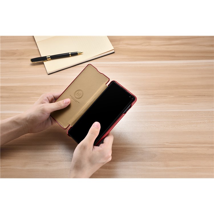 ICARER Curved Edge Vintage Genuine Leather Case Cover for Samsung Galaxy S10 - Red-11