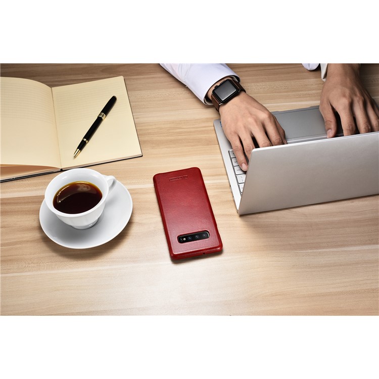 ICARER Curved Edge Vintage Genuine Leather Case Cover for Samsung Galaxy S10 - Red-12