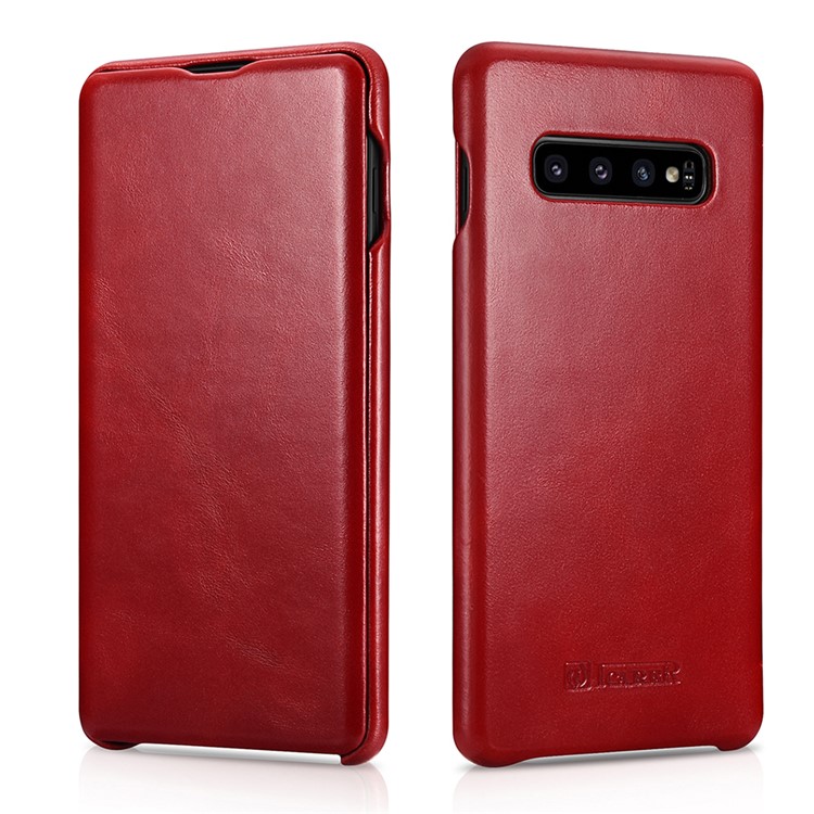 ICARER Curved Edge Vintage Genuine Leather Case Cover for Samsung Galaxy S10 - Red-2