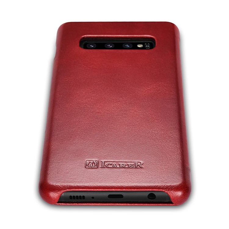ICARER Curved Edge Vintage Genuine Leather Case Cover for Samsung Galaxy S10 - Red-6