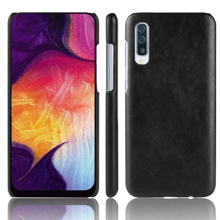 Litchi Texture PU Leather Coated PC Hard Shell Cover for Samsung Galaxy A50 - Black-1