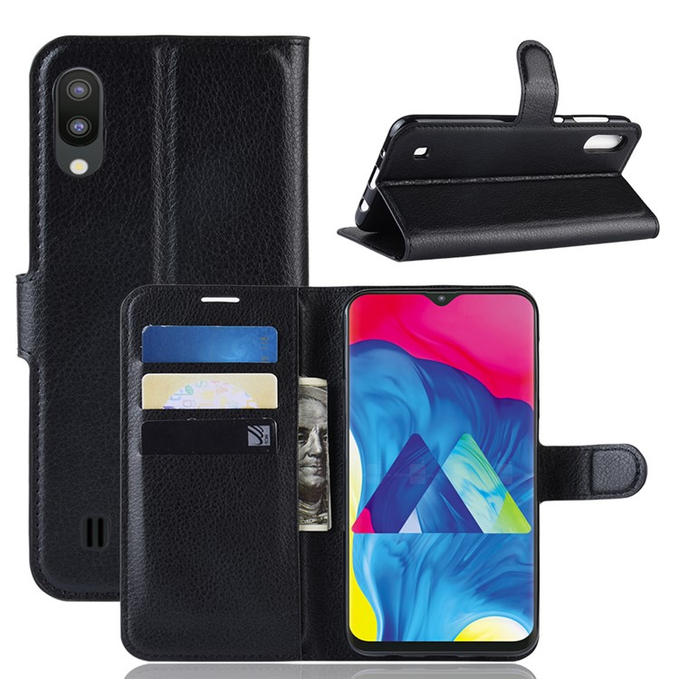 Litchi Skin Wallet Leather Stand Case for Samsung Galaxy M10 - Black-1