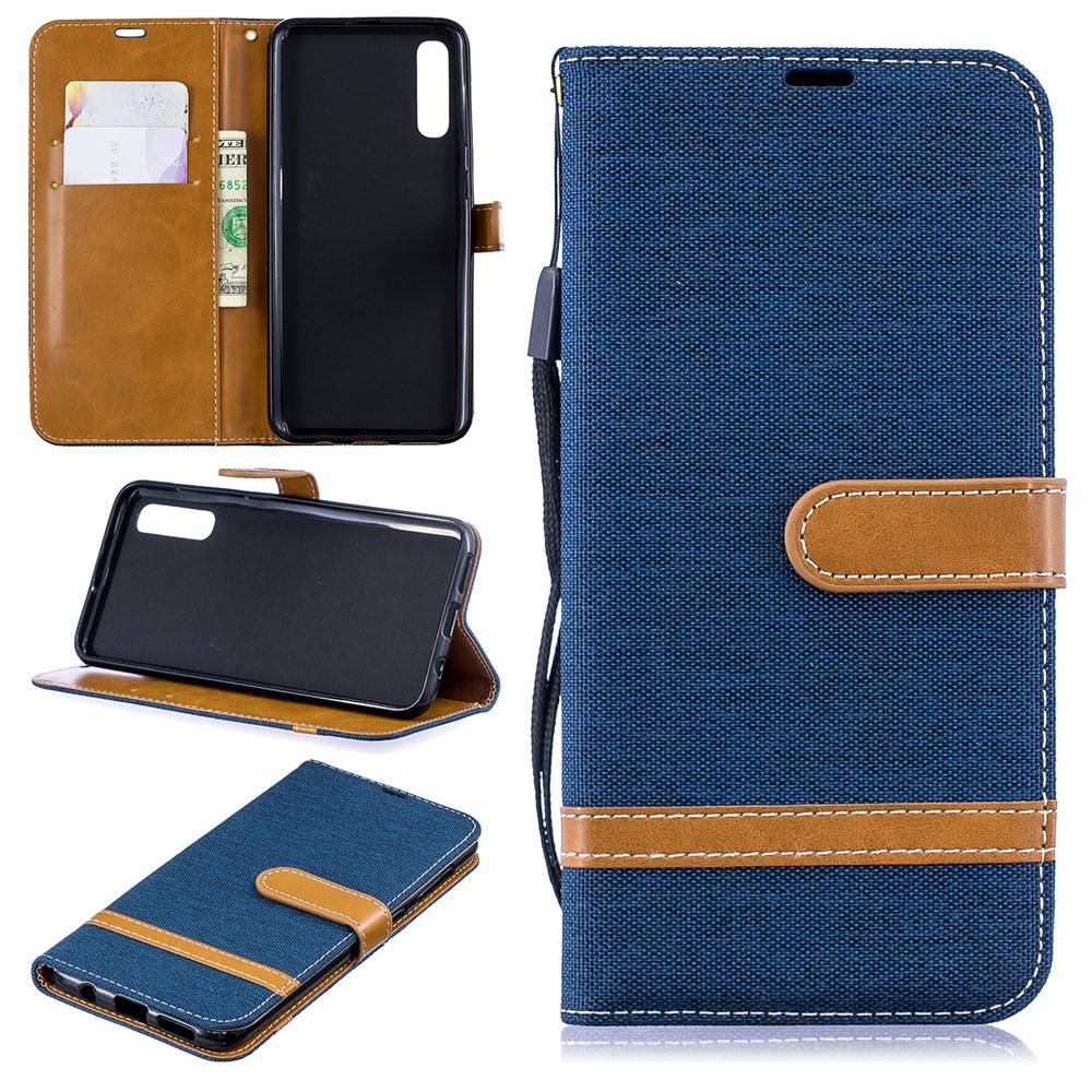 Assorted Color Jeans Cloth Wallet Stand Leather Shell for Samsung Galaxy A50 / A50s / A30s - Dark Blue-1