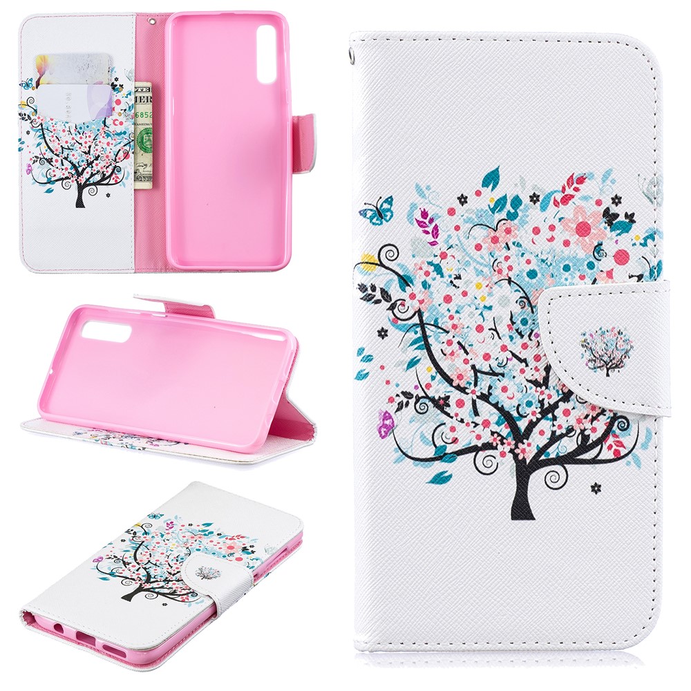 Musterdruck PU-Leder Flip Cover Für Samsung Galaxy A50 - Blühender Baum-1