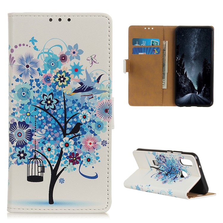 Pattern Printing Wallet Leather Stand Case for Samsung Galaxy A40 - Blue Tree-1