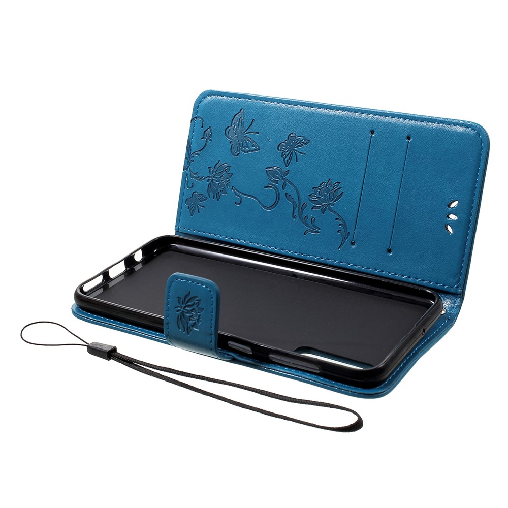 Caixa De Couro Do Suporte Da Carteira Das Flores De Borboleta Da Impressão Para A Galáxia A50 De Samsung - Azul-5
