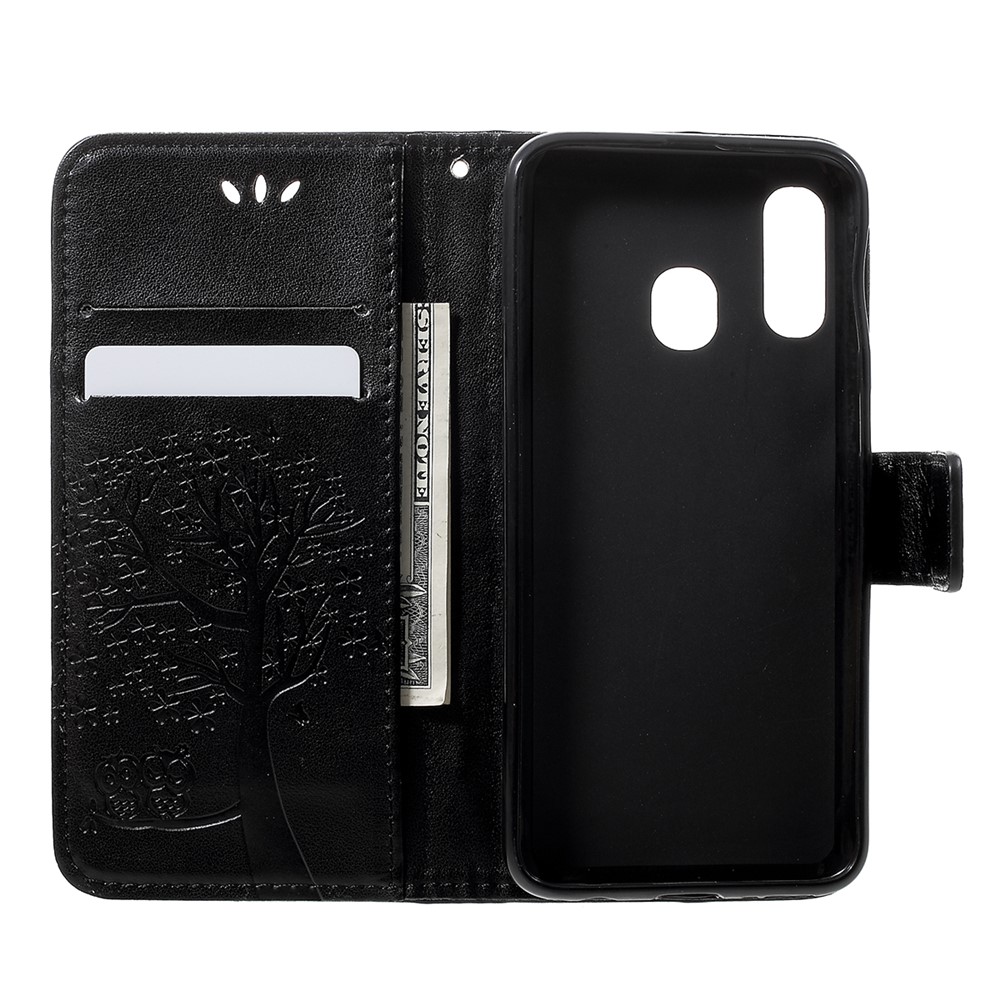 Imprint Tree Owl Leather Wallet Case for Samsung Galaxy A40 - Black-4
