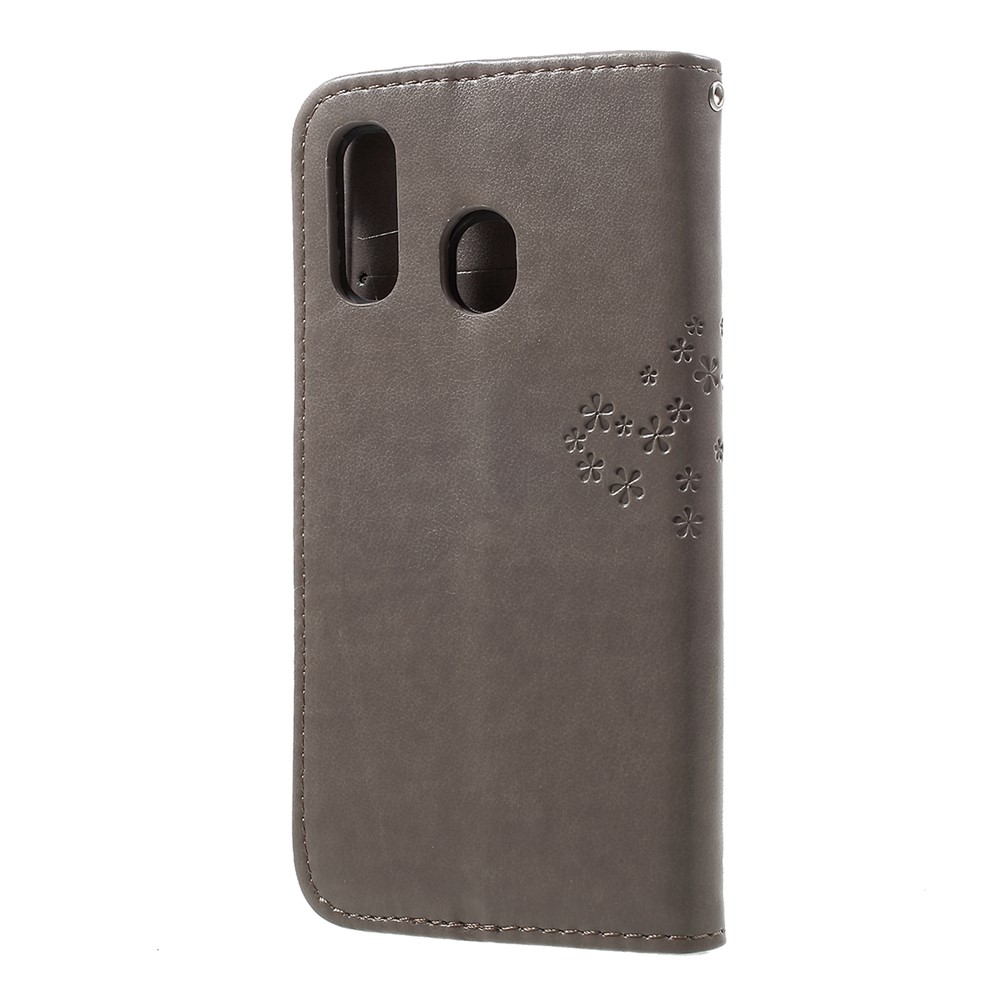Imprint Tree Owl Leather Wallet Case for Samsung Galaxy A40 - Grey-3