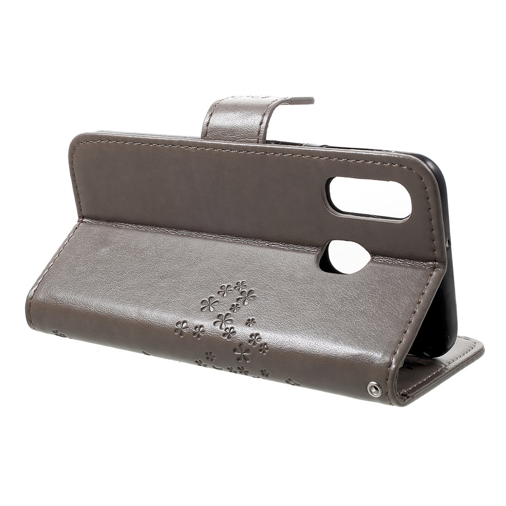 Imprint Tree Owl Leather Wallet Case for Samsung Galaxy A40 - Grey-4