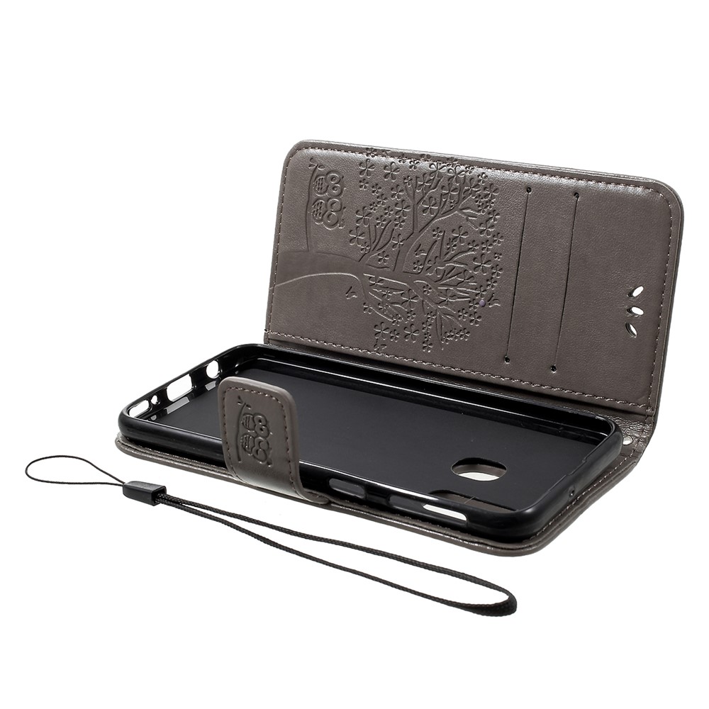 Imprint Tree Owl Leather Wallet Case for Samsung Galaxy A40 - Grey-5