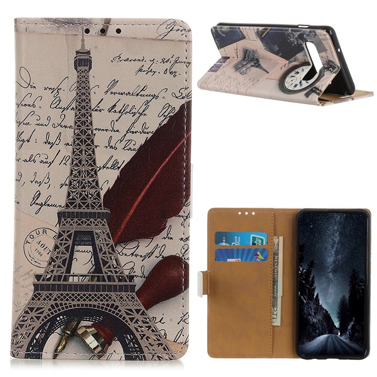 Pattern Printing Leather Wallet Case for Samsung Galaxy S10 5G - Eiffel Tower and Characters-1