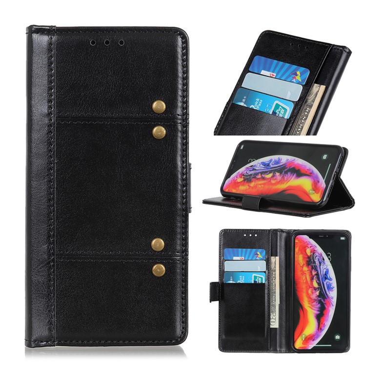 Rivet Decor Crazy Horse Leather Wallet Phone Cover for Samsung Galaxy A50 - Black-1