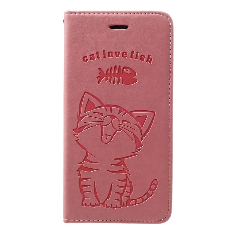 Bedruckte Katze Und Fischgräte PU Leder Brieftasche Mit Ständer Für Samsung Galaxy A20 / A30 - Rosa-1
