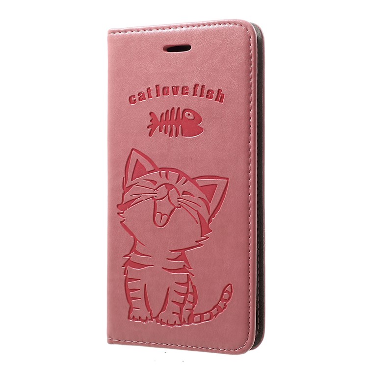 Bedruckte Katze Und Fischgräte PU Leder Brieftasche Mit Ständer Für Samsung Galaxy A20 / A30 - Rosa-2