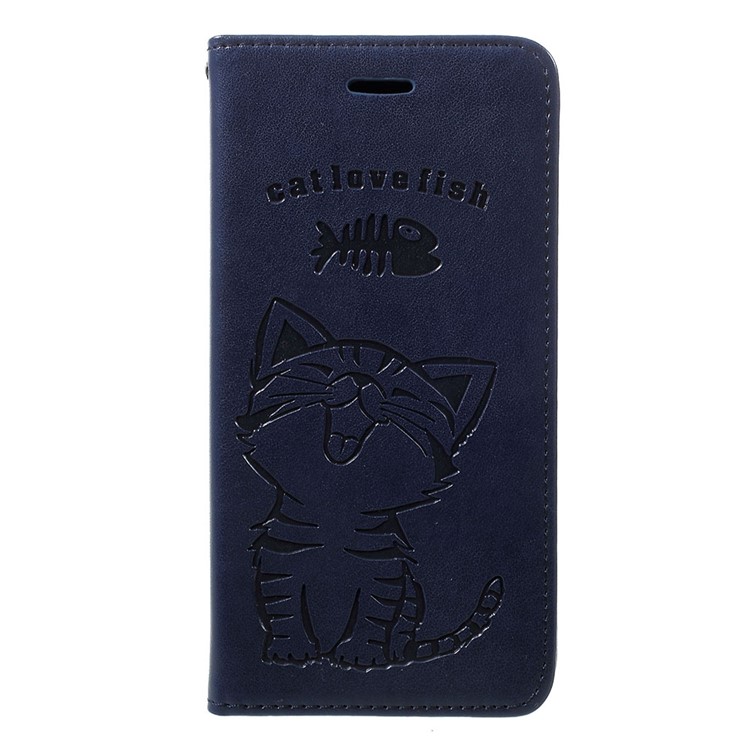 Imprint Cat and Fish Bone PU Leather Wallet Shell with Stand for Samsung Galaxy A20/A30 - Dark Blue-1
