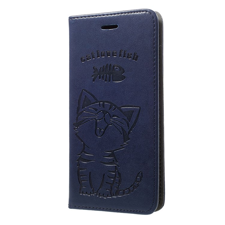 Imprint Cat and Fish Bone PU Leather Wallet Shell with Stand for Samsung Galaxy A20/A30 - Dark Blue-2