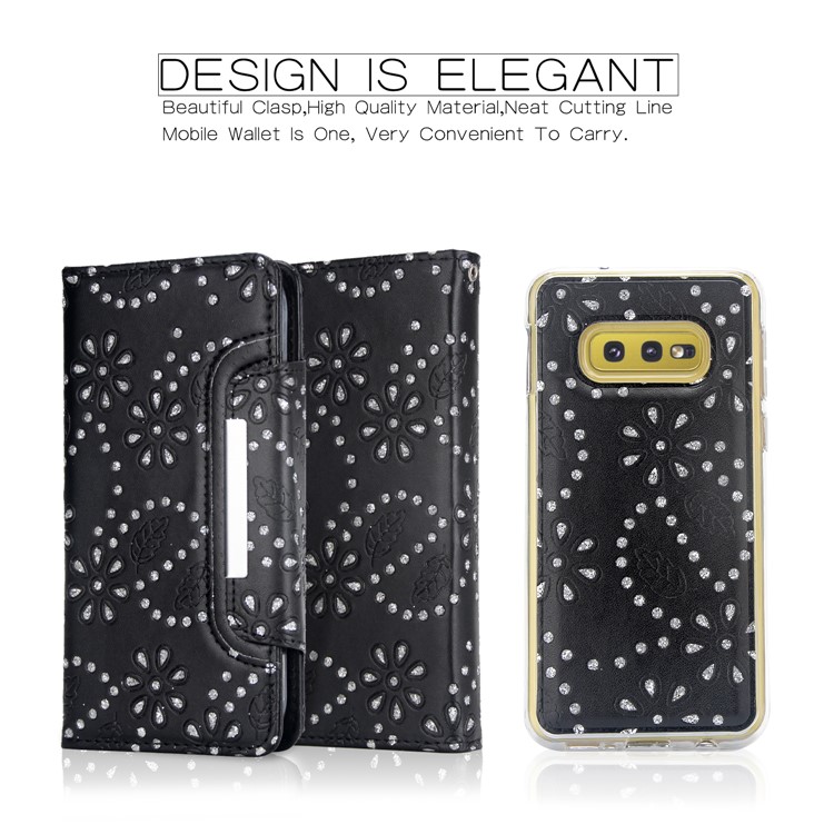 For Samsung Galaxy S10e Detachable Glittery Leaves Flowers Leather Wallet Mobile Cover + Inner TPU Case - Black-1