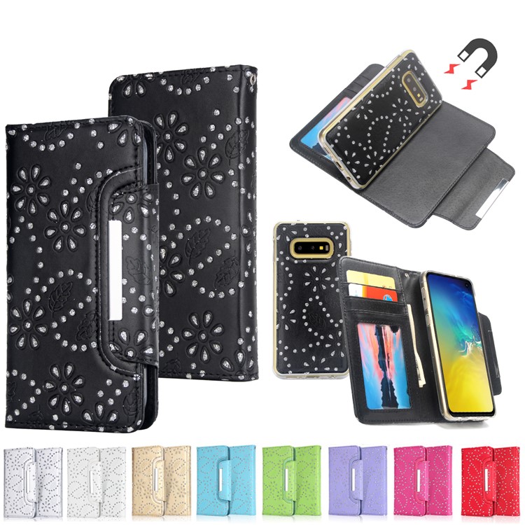 For Samsung Galaxy S10e Detachable Glittery Leaves Flowers Leather Wallet Mobile Cover + Inner TPU Case - Black-6