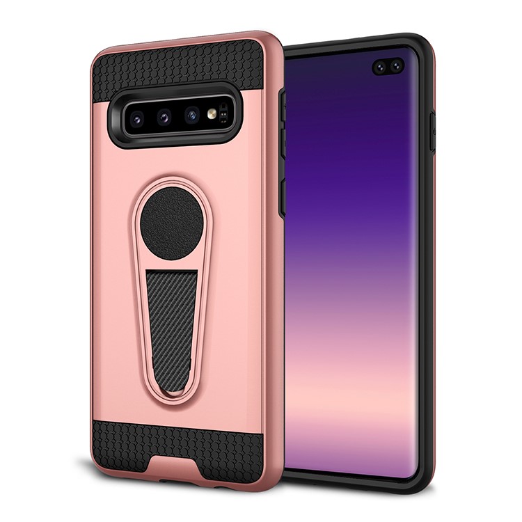 

Текстура Из Углеродного Волокна Kickstand PC + TPU Мобильная Оболочка Для Samsung Galaxy S10 Plus (встроенный Магнитный Держатель Из Металлического Листа) - Розовое Золото, Galaxy S10 Plus