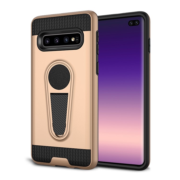 

Текстура Из Углеродного Волокна Kickstand PC + TPU Мобильная Оболочка Для Samsung Galaxy S10 Plus (встроенный Магнитный Держатель Из Металлического Листа) - Золото, Galaxy S10 Plus