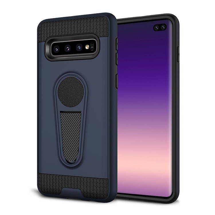

Carbon Fiber Texture Kickstand PC + TPU Mobile Shell for Samsung Galaxy S10 Plus (Built-in Magnetic Holder Metal Sheet) - Dark Blue, Galaxy S10 Plus