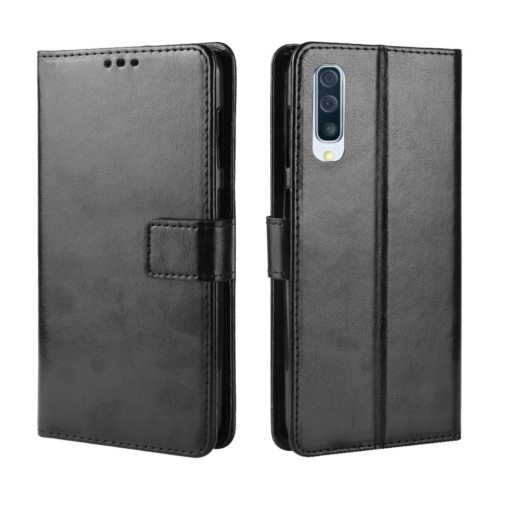 Crazy Horse Leather Worthort Stand Per Telefono Con Cinturino Per Samsung Galaxy A50 / A50 / A30 - Nero