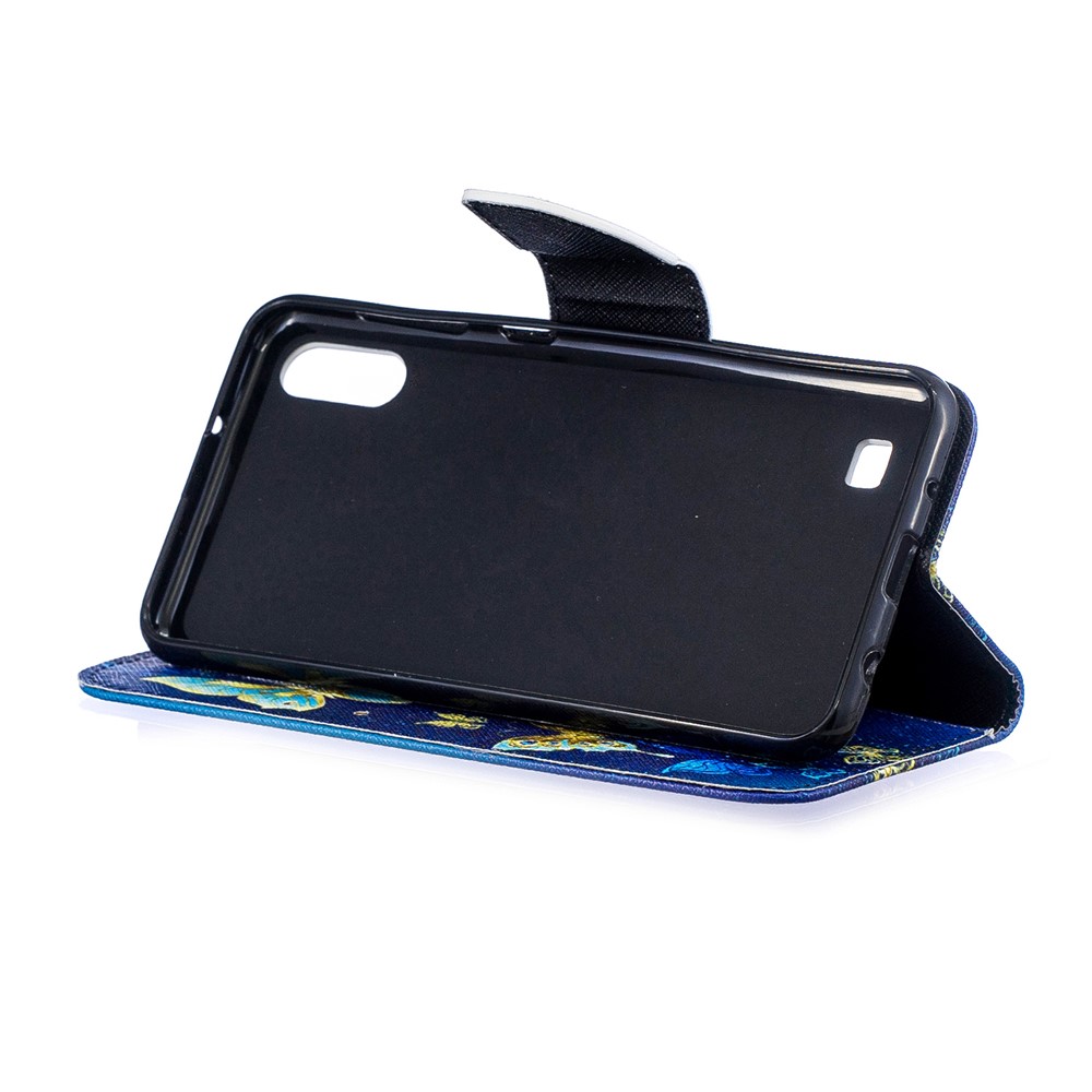 Shell Da Tampa Da Carteira Do Couro Do Plutônio Da Impressão Do Teste Padrão Para A Galáxia A10 De Samsung - Borboletas Azuis-5
