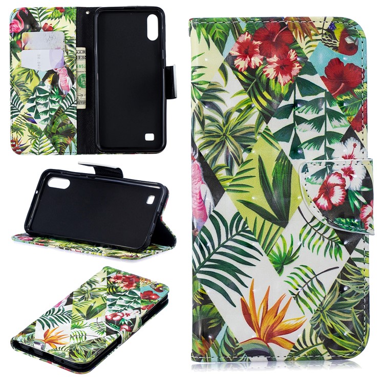 Para Samsung Galaxy A10 Padrão Impressão PU Couro Capa De Telefone Celular - Flor E Folha-1