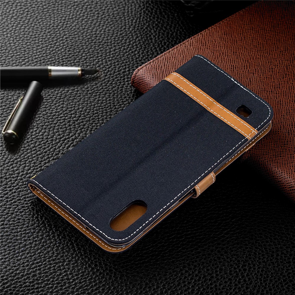 Case de Cuero de Billetera de Tela de Jeans de Color Variado Para Samsung Galaxy A10 - Negro