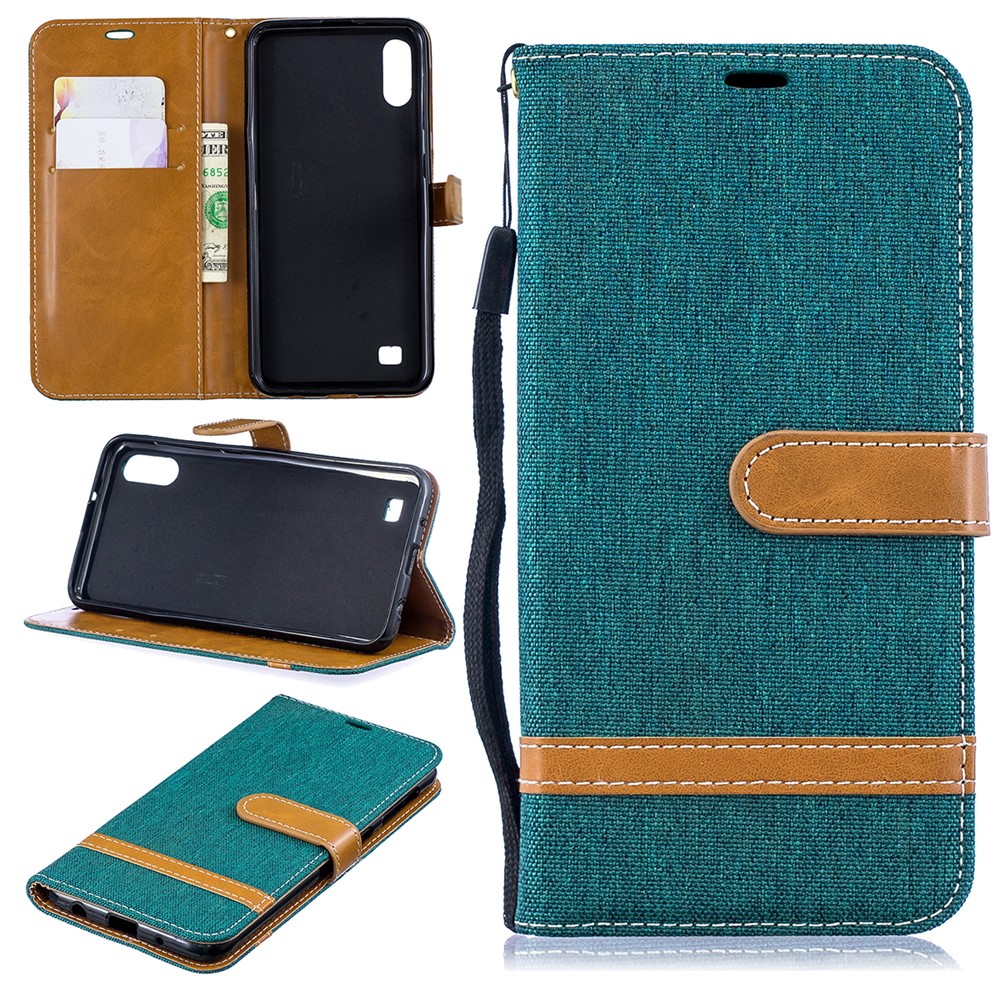 Case de Cuero de Billetera de Tela de Jeans de Color Variado Para Samsung Galaxy A10 - Verde