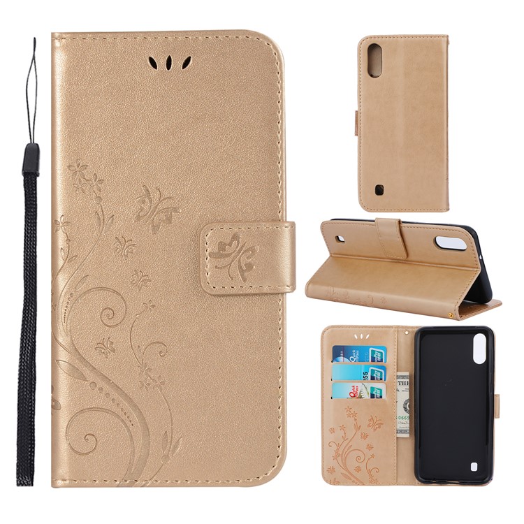 

For Samsung Samsung Galaxy M10 Imprint Butterfly Flower Magnetic Leather Casing - Gold, Galaxy M10