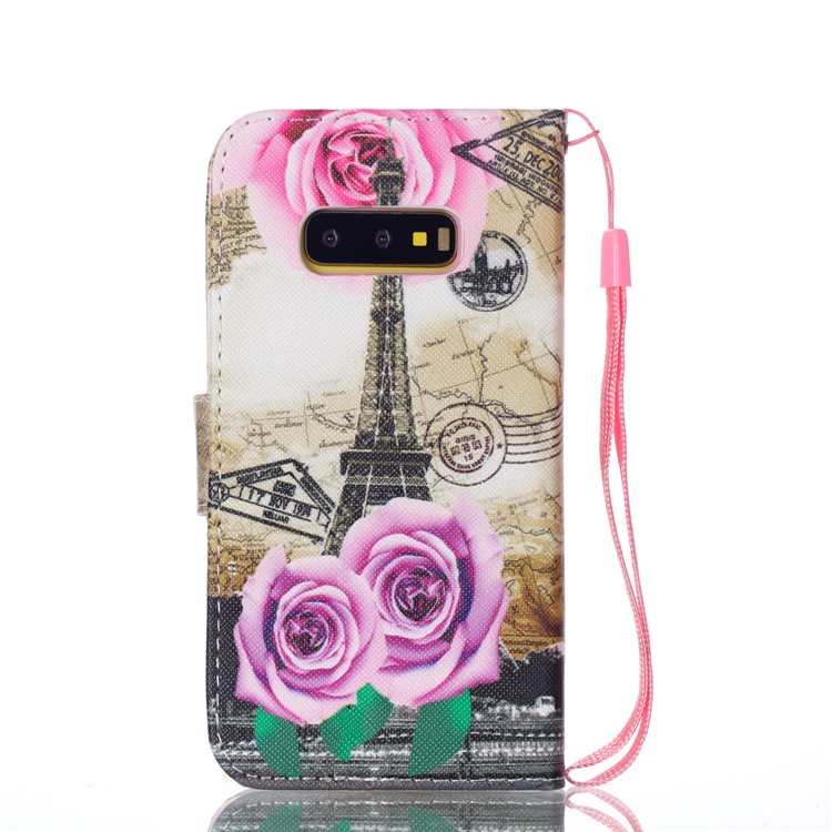 Pattern Printing Leather Wallet Case for Samsung Galaxy S10e - Eiffel Tower and Flowers-2