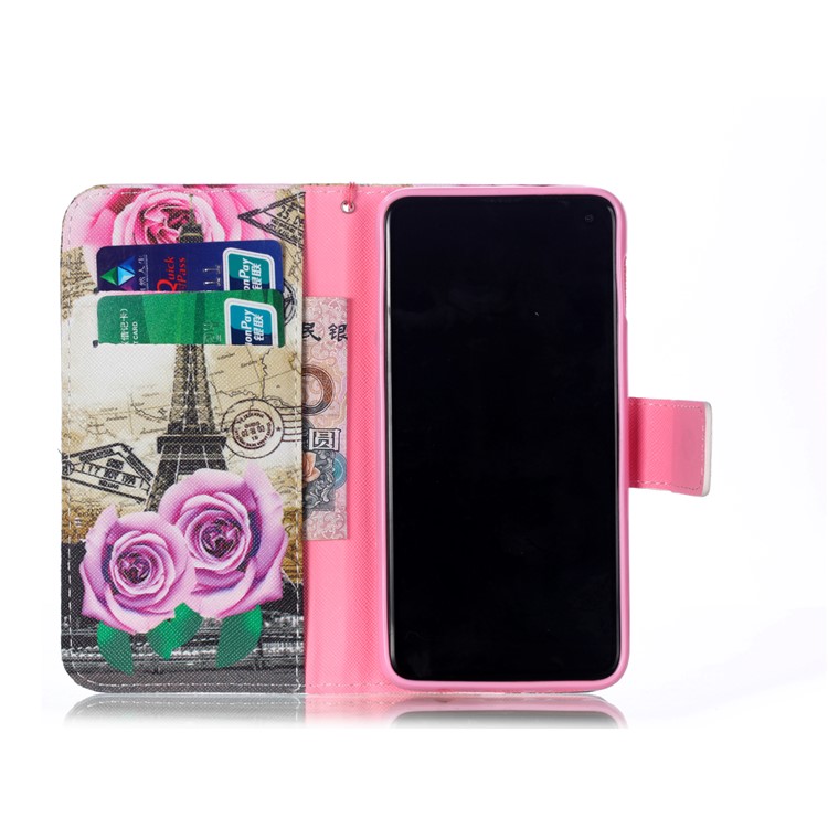 Pattern Printing Leather Wallet Case for Samsung Galaxy S10e - Eiffel Tower and Flowers-3