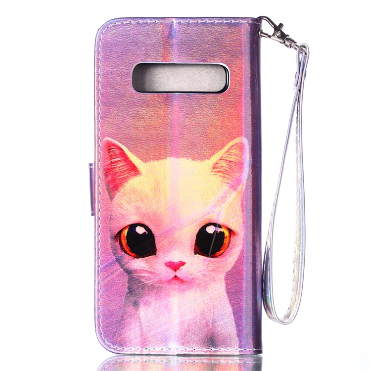 Laser Carving Pattern Printing PU Leather Shell with Wallet for Samsung Galaxy S10 Plus - White Cat-7