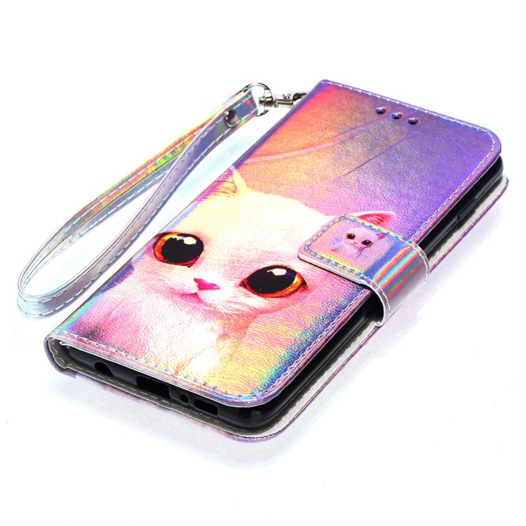 Laser Carving Pattern Printing PU Leather Shell with Wallet for Samsung Galaxy S10 Plus - White Cat-8